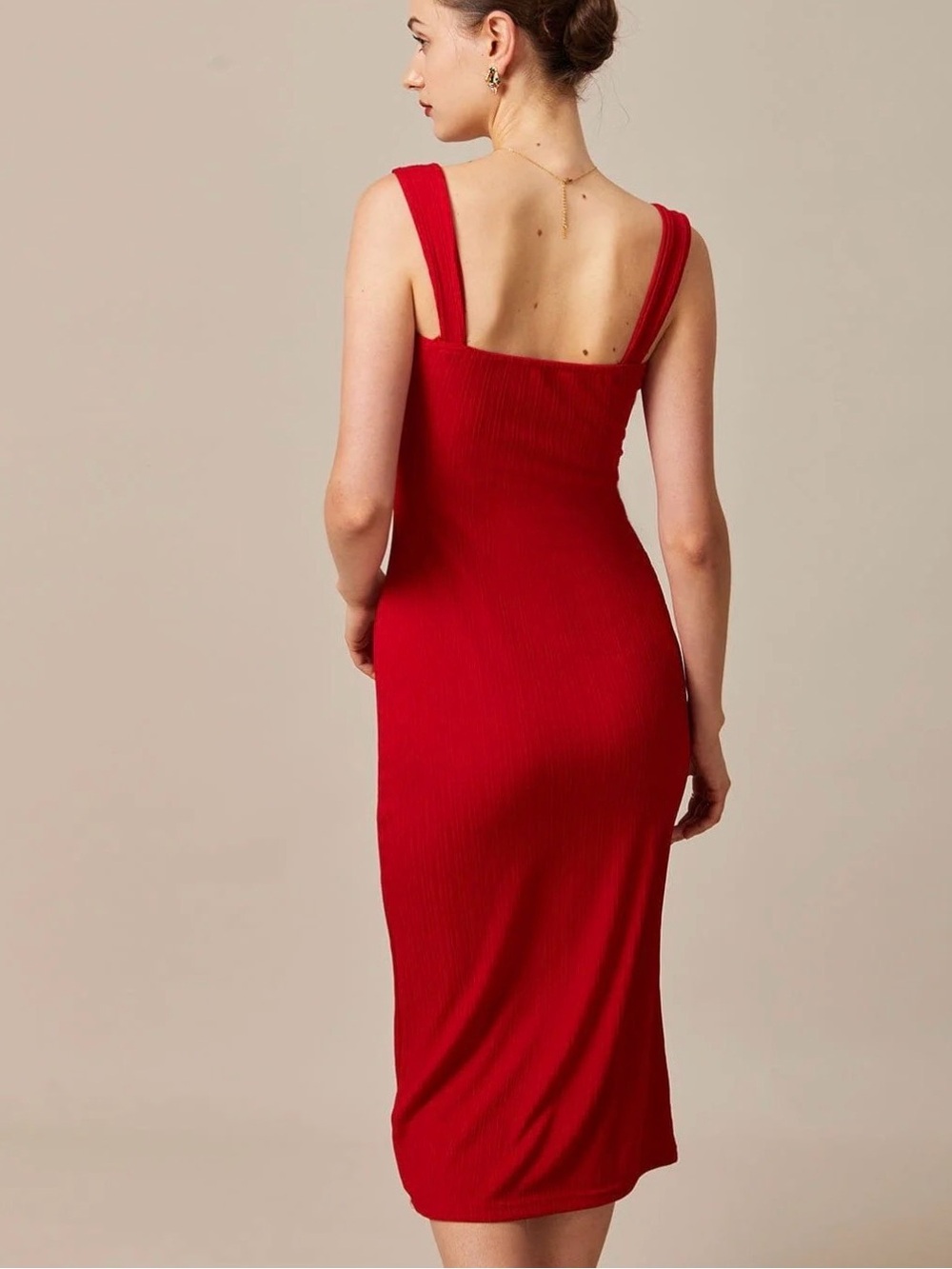 RIHOAS Red Square-Neck Ribbed Bodycon Dress - Picture 3 of 3